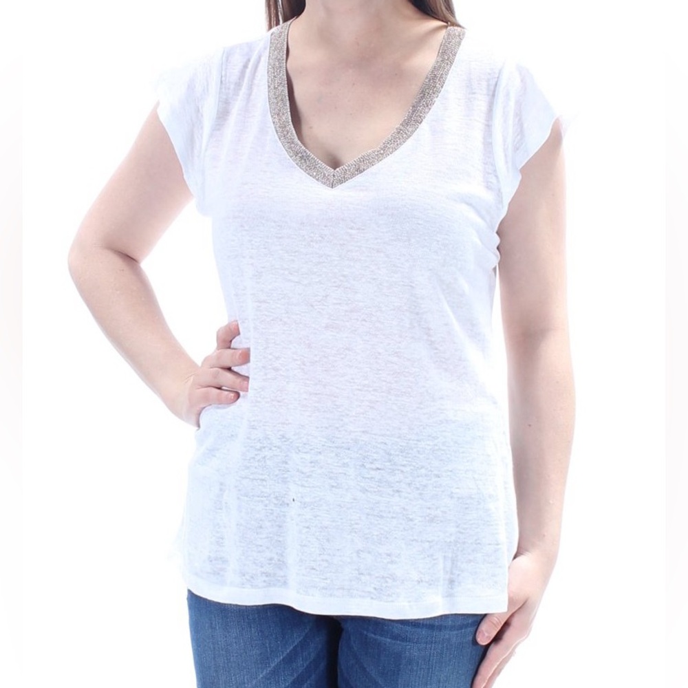 Maison Jules V-Neck Blouse - White & Gold - Size M